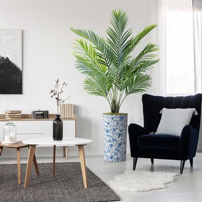 Artificial Tree in Blue and White Planter, Fake Areca Tropical Palm Silk Tree for Indoor and Outdoor Home Decoration - 66" Overall Tall (Plant Pot Plus Tree)