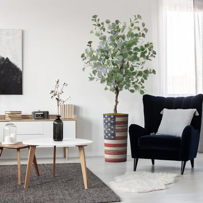 Artificial Tree in American Flag Planter, Fake Eucalyptus Silk Tree for Indoor and Outdoor Home Decoration - 66" Overall Tall (Plant Pot Plus Tree)