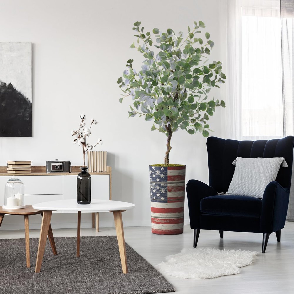 Artificial Tree in American Flag Planter, Fake Eucalyptus Silk Tree for Indoor and Outdoor Home Decoration - 66" Overall Tall (Plant Pot Plus Tree)