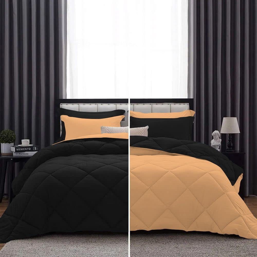 International Sheets 1 Piece Reversible Diamond Pattern Comforter Premium Super Soft 550 GSM All Season 1000 TC, 100% Egyptian Cotton Oversized Super King Size Sand/Black Solid Color