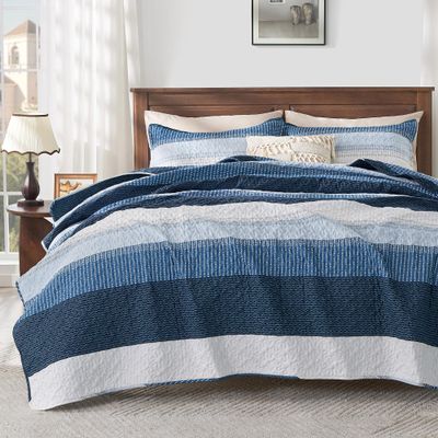 Andency Navy Blue Striped Quilt King(106x96Inch), 3 Pieces (1 Quilt and 2 Pillowcases) Patchwork Bedspread Coverlet Set, Soft Quilted Bedding Set