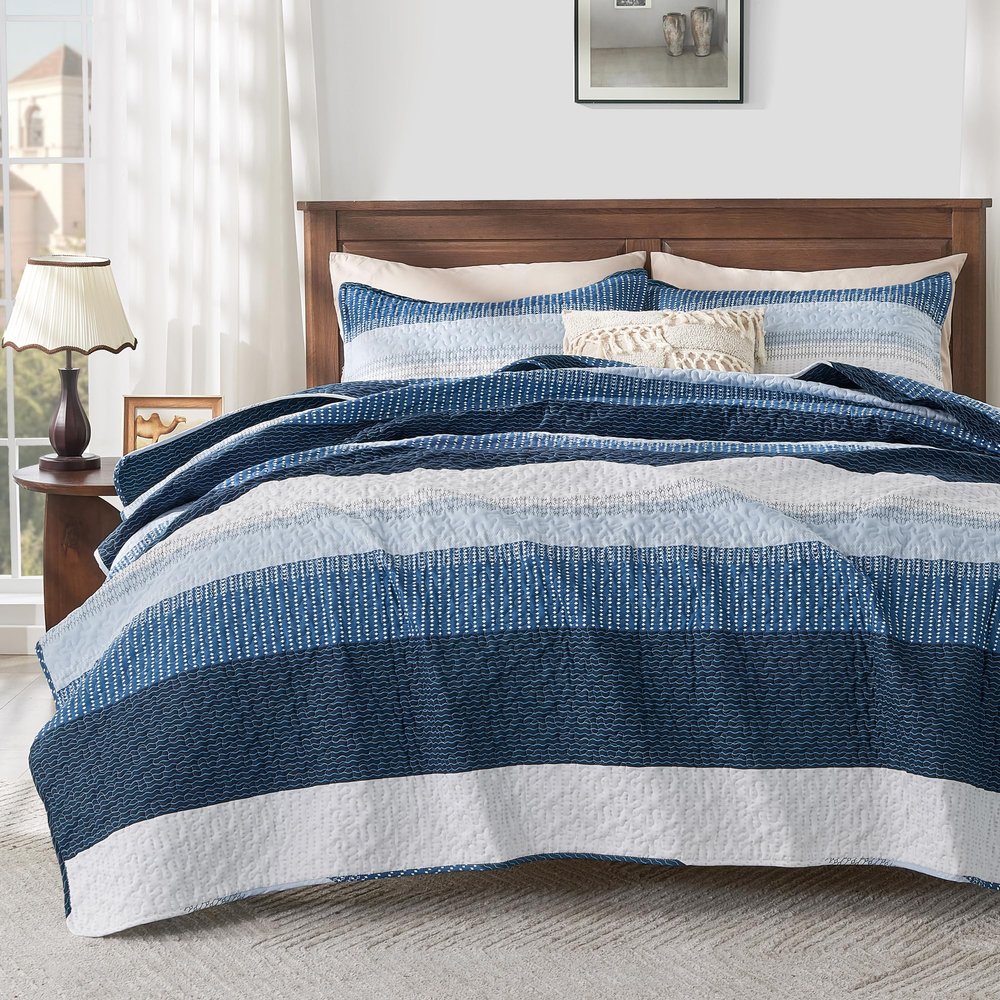 Andency Navy Blue Striped Quilt King(106x96Inch), 3 Pieces (1 Quilt and 2 Pillowcases) Patchwork Bedspread Coverlet Set, Soft Quilted Bedding Set