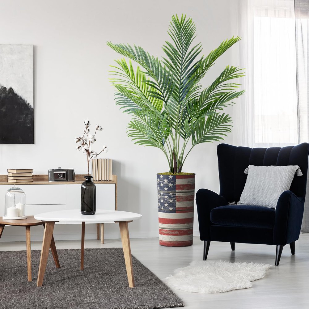 Artificial Tree in American Flag Planter, Fake Areca Tropical Palm Silk Tree for Indoor and Outdoor Home Decoration - 66" Overall Tall (Plant Pot Plus Tree)