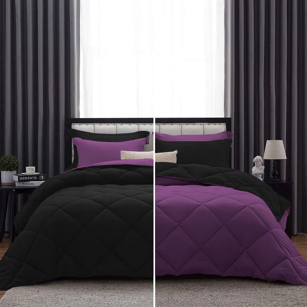 International Sheets 1 Piece Reversible Diamond Pattern Comforter Premium Super Soft 550 GSM All Season 1000 TC, 100% Egyptian Cotton Oversized Super King Size Plum/Black Solid Color