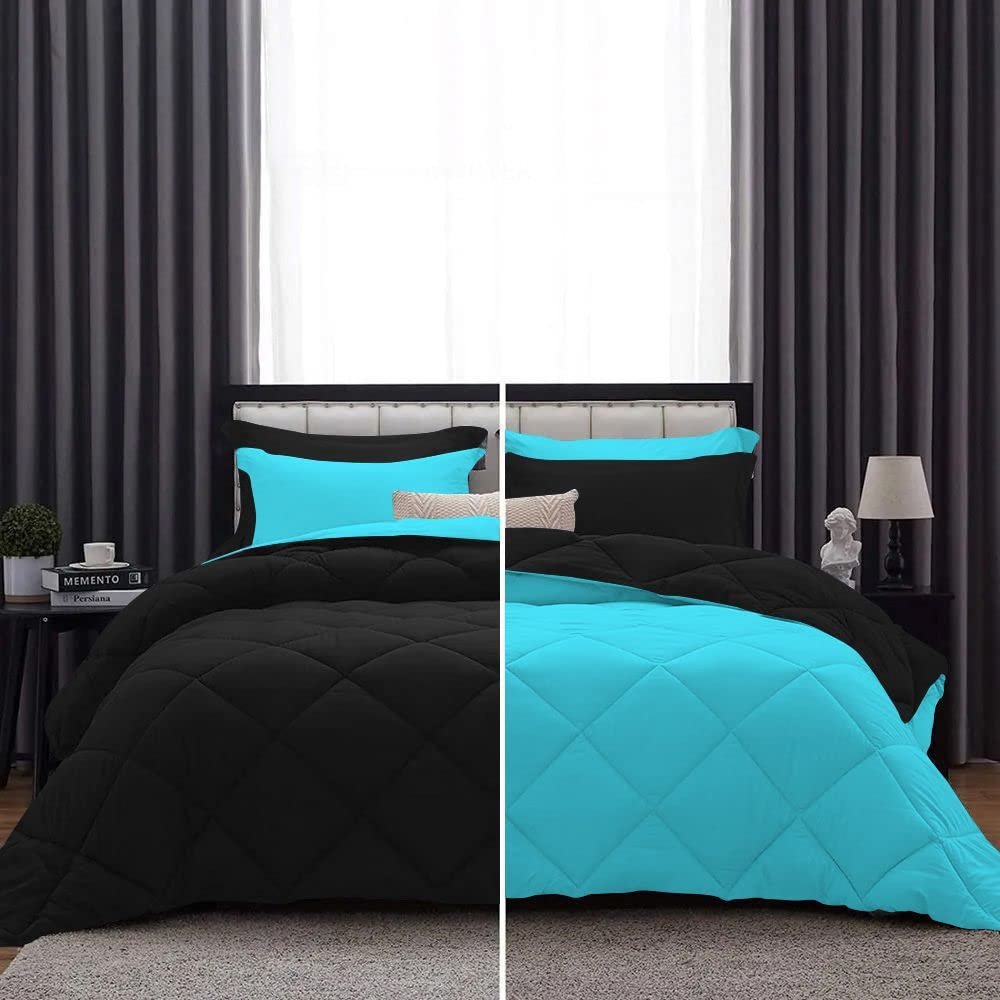 International Sheets 1 Piece Reversible Diamond Pattern Comforter Premium Super Soft 550 GSM All Season 1000 TC, 100% Egyptian Cotton Oversized Super King Size Turquoise Blue/Black Solid Color