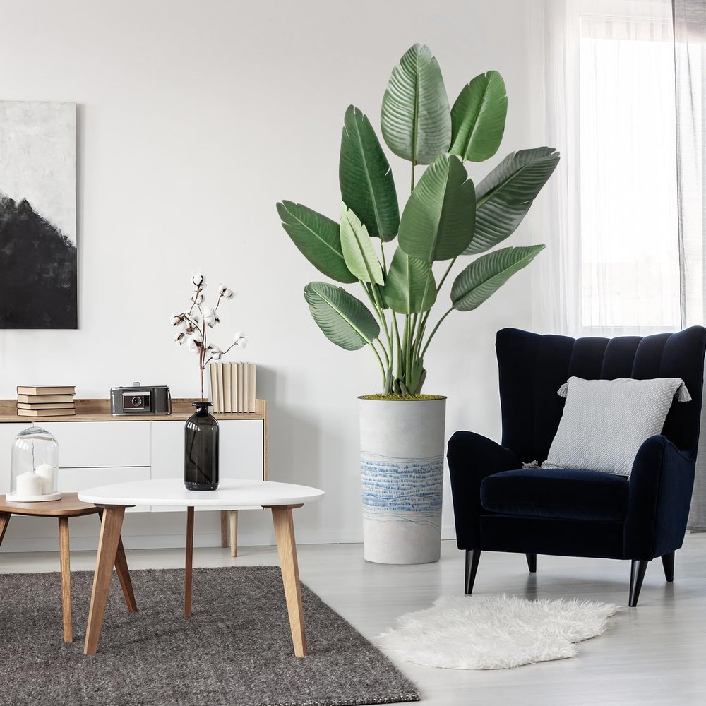 Artificial Tree in Blue Gray Industrial Line Pattern Planter, Fake Bird of Paradise Silk Tree for Indoor and Outdoor Home Decoration - 67" Overall Tall (Plant Pot Plus Tree)