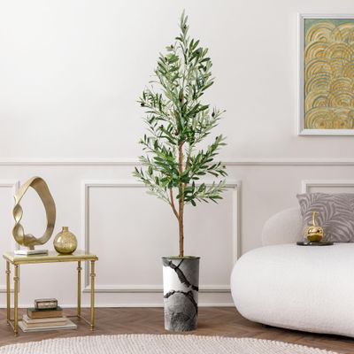 Artificial Tree in Black & White Close Up Planter, Fake Olive Silk Tree for Indoor and Outdoor Home Decoration - 68" Overall Tall (Plant Pot Plus Tree)