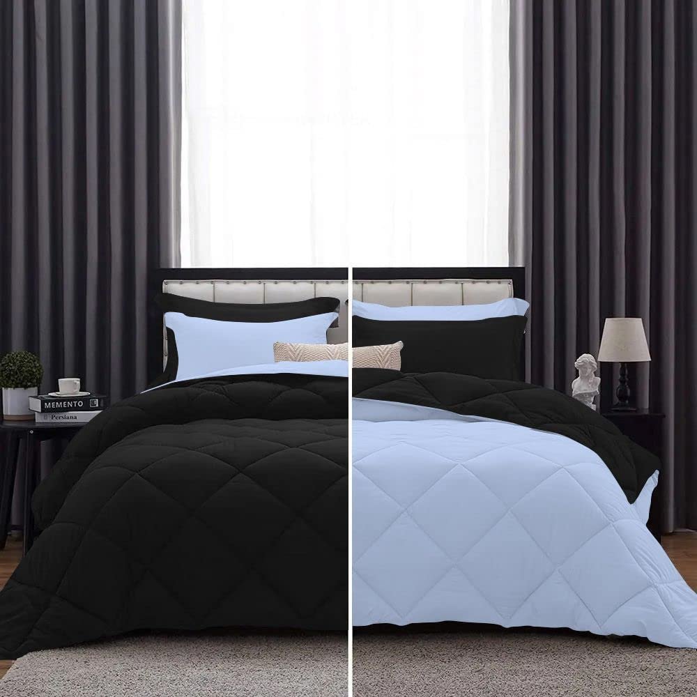 International Sheets 1 Piece Reversible Diamond Pattern Comforter Premium Super Soft 550 GSM All Season 1000 TC, 100% Egyptian Cotton Super King Size Light Blue/Black Solid Color