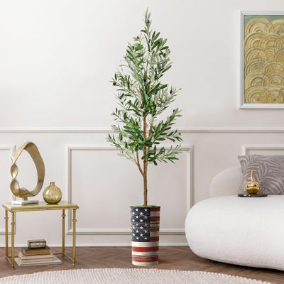 Artificial Tree in American Flag Planter, Fake Olive Silk Tree for Indoor and Outdoor Home Decoration - 68" Overall Tall (Plant Pot Plus Tree)