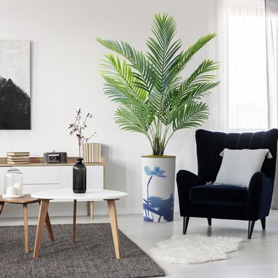 Artificial Tree in Blue Flower and Paint Texture Planter, Fake Areca Tropical Palm Silk Tree for Indoor and Outdoor Home Decoration - 66" Overall Tall (Plant Pot Plus Tree)