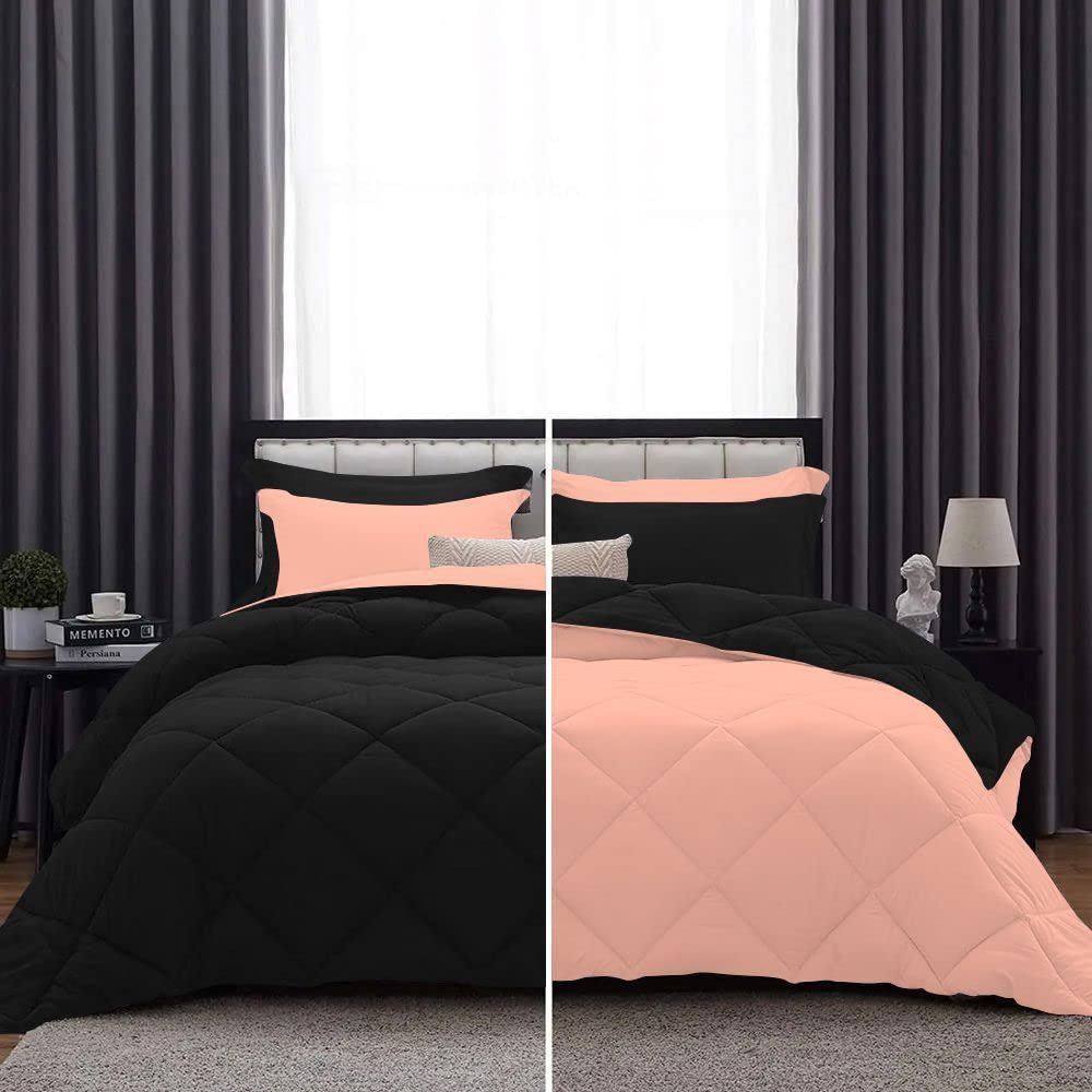 International Sheets 1 Piece Reversible Diamond Pattern Comforter Premium Super Soft 550 GSM All Season 1000 TC, 100% Egyptian Cotton Super King Size Peach/Black Solid Color