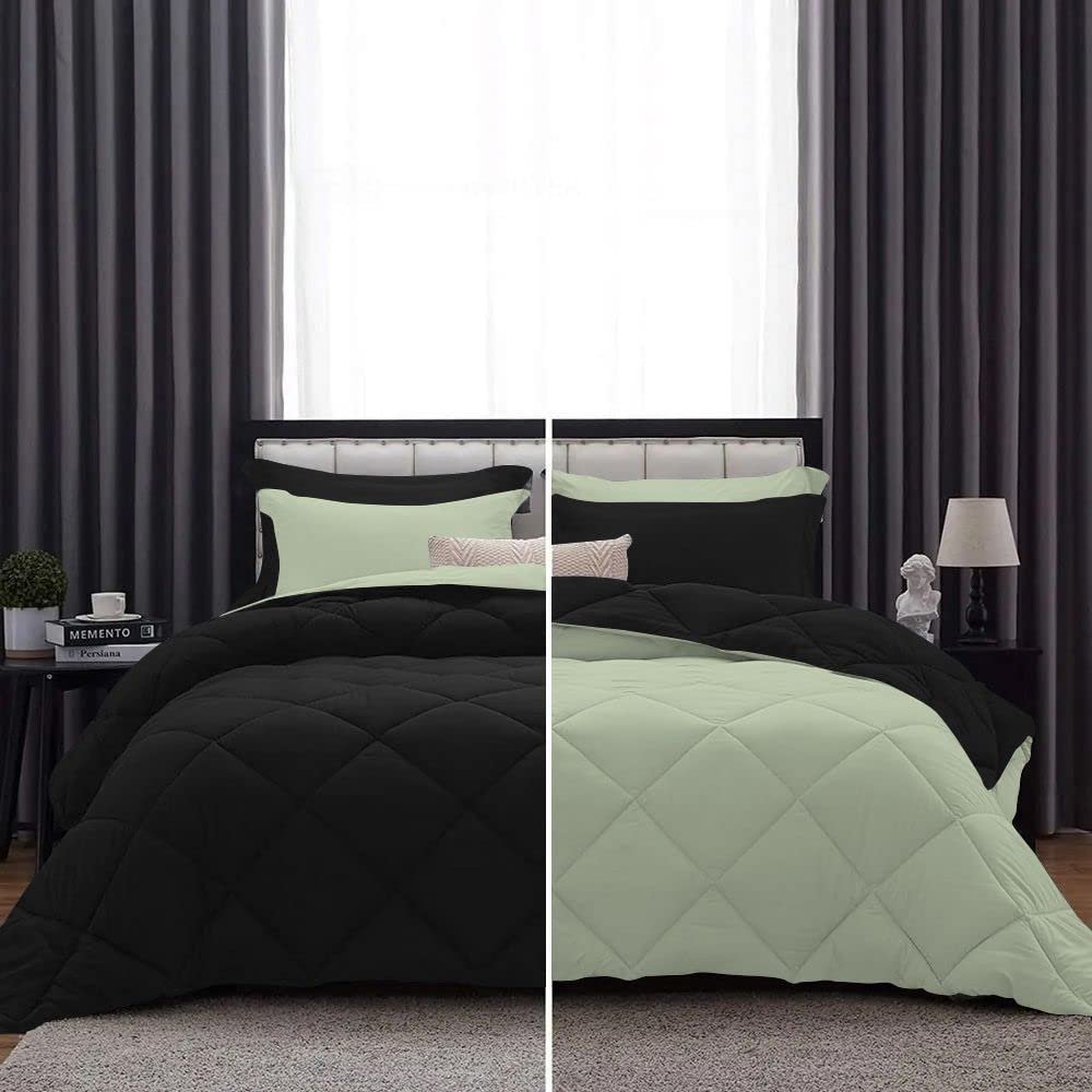 International Sheets 1 Piece Reversible Diamond Pattern Comforter Premium Super Soft 550 GSM All Season 1000 TC, 100% Egyptian Cotton Oversized Super King Size Light Sage/Black Solid Color
