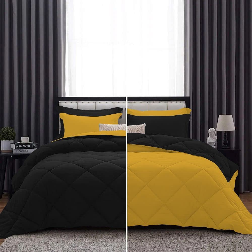 International Sheets 1 Piece Reversible Diamond Pattern Comforter Premium Super Soft 550 GSM All Season 1000 TC, 100% Egyptian Cotton Oversized Super King Size Gold/Black Solid Color