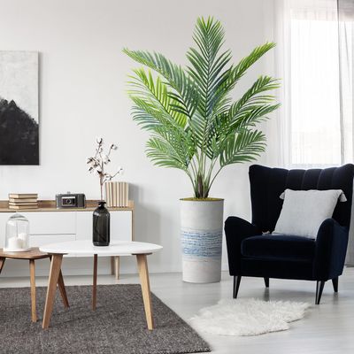Artificial Tree in Blue Gray Industrial Line Pattern Planter, Fake Areca Tropical Palm Silk Tree for Indoor and Outdoor Home Decoration - 66" Overall Tall (Plant Pot Plus Tree)