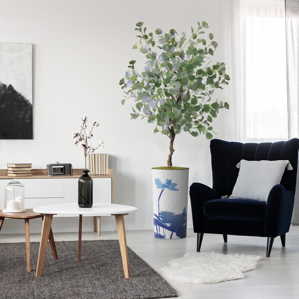 Artificial Tree in Blue Flower and Paint Texture Planter, Fake Eucalyptus Silk Tree for Indoor and Outdoor Home Decoration - 66" Overall Tall (Plant Pot Plus Tree)