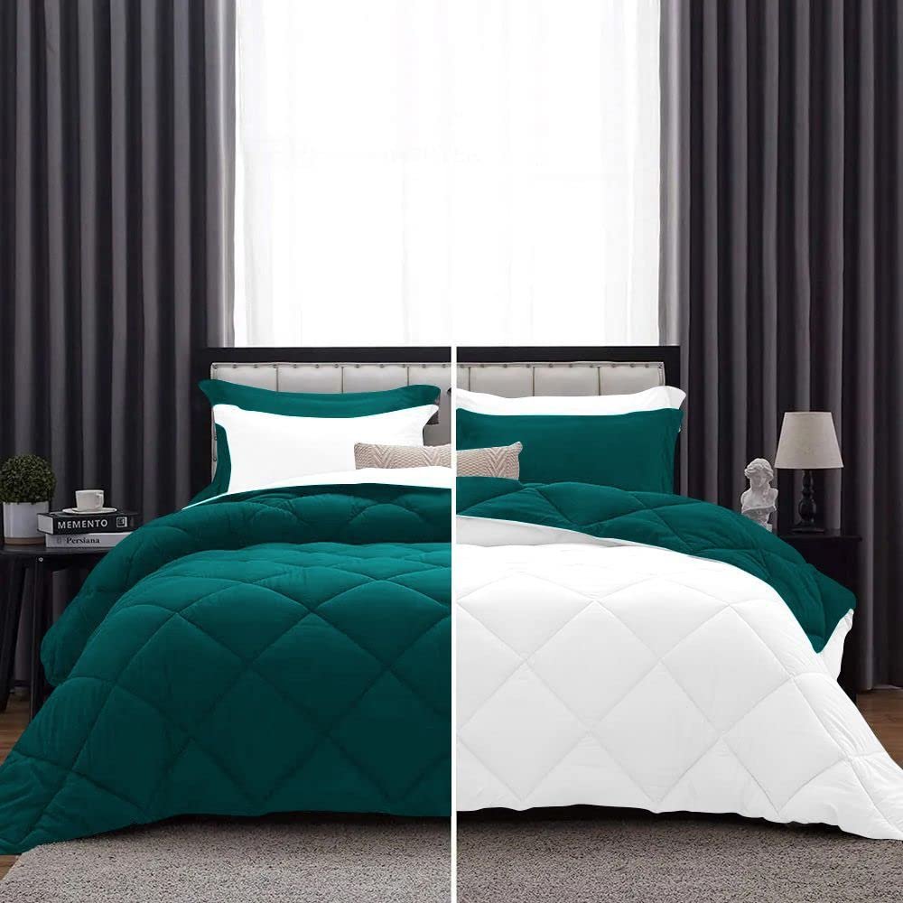 International Sheets 1 Piece Reversible Diamond Pattern Comforter Premium Super Soft 550 GSM All Season 1000 TC, 100% Egyptian Cotton Super King Size Teal/White Solid Color