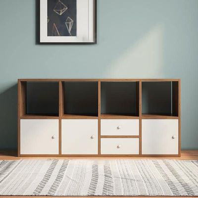CraftThink Cube Storage Organizer, 8-Cube Storage Bookcase Wood Bookcase with 3 Doors and 2 Drawers Shelf Standing Display for Living Room Play Room Office (Brown 47.5" L x 12" D x 24.5" H)