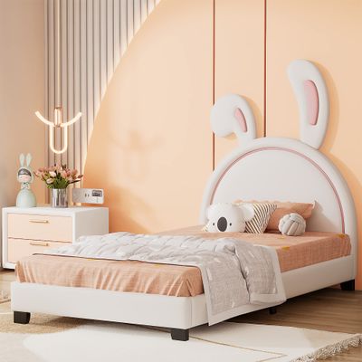 Cute Upholstered Leather Bed with Rabbit Ornament,Twin Size Platform Bed with Headboard and Wood Slats,Suitable for Kids Toddlers Boys Girls Bedroom Use (White@Q)