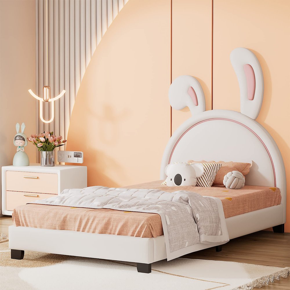 Cute Upholstered Leather Bed with Rabbit Ornament,Twin Size Platform Bed with Headboard and Wood Slats,Suitable for Kids Toddlers Boys Girls Bedroom Use (White@Q)