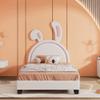 Cute Upholstered Leather Bed with Rabbit Ornament,Twin Size Platform Bed with Headboard and Wood Slats,Suitable for Kids Toddlers Boys Girls Bedroom Use (White@Q) view 3