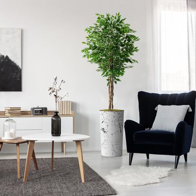Artificial Tree in Abstract Ink Planter, Fake Ficus Silk Tree for Indoor and Outdoor Home Decoration - 75" Overall Tall (Plant Pot Plus Tree)