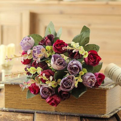 YAMLAB Small Rose Bouquet Silk Flowers, 21 Artificial Flowers, Home Decoration Flowers, Anti-Real Artificial Flowers Single Bunch of Small European Roses Blue