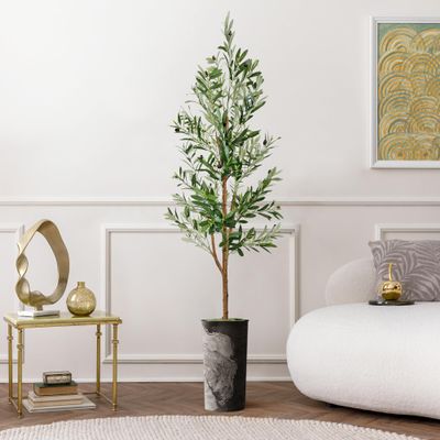 Artificial Tree in Black White Wood Tree Rings Pattern Planter, Fake Olive Silk Tree for Indoor and Outdoor Home Decoration - 68" Overall Tall (Plant Pot Plus Tree)