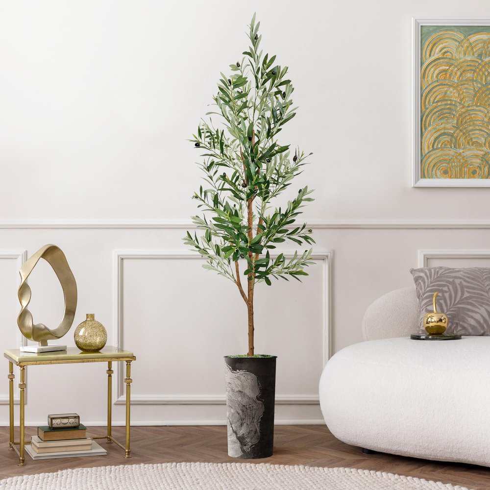 Artificial Tree in Black White Wood Tree Rings Pattern Planter, Fake Olive Silk Tree for Indoor and Outdoor Home Decoration - 68" Overall Tall (Plant Pot Plus Tree)