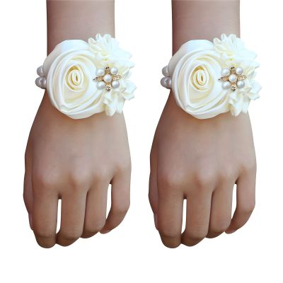 Cileruide Satin Rose Bridal Wrist Corsage 2pcs Set Hand Flower for Wedding Bride Bridesmaid Mother Sisters Wristband for Prom, Homecoming, Quinceanera, Tea Party, Bridal Shower, Formal Dinner, Ivory