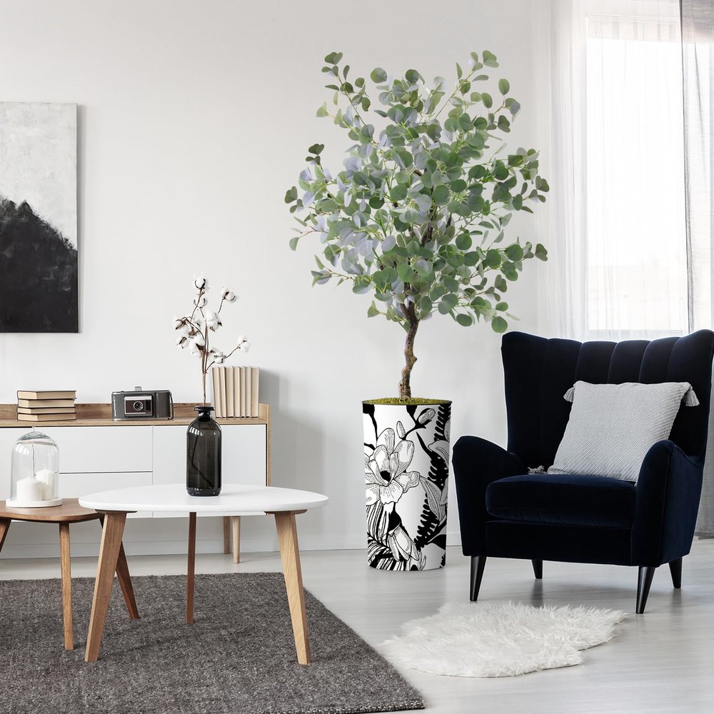 Artificial Tree in Black & White Flower Pattern Planter, Fake Eucalyptus Silk Tree for Indoor and Outdoor Home Decoration - 66" Overall Tall (Plant Pot Plus Tree)