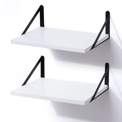 Marsmiles White Floating Shelves for Wall, 12 Inch Deep Wood Wall Mounted Shelves Set of 2, 16W x 12D Wide Floating Wood Shelves for Bathroom Bedroom Kitchen Living Room, White