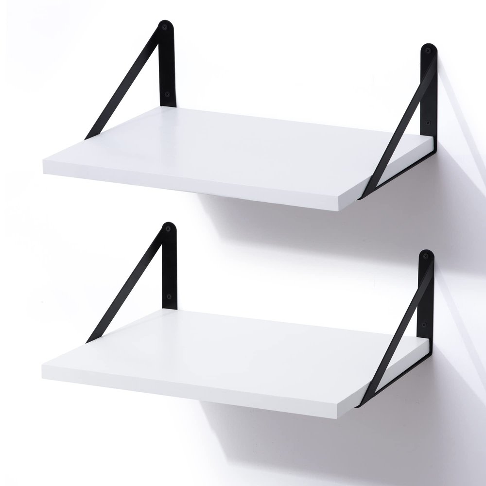 Marsmiles White Floating Shelves for Wall, 12 Inch Deep Wood Wall Mounted Shelves Set of 2, 16W x 12D Wide Floating Wood Shelves for Bathroom Bedroom Kitchen Living Room, White