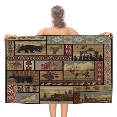 Kazynee Vintage Deer Bear Farmhouse Beach Towel,Retro Cabin Lake Country Lodge Moose Microfiber Beach Towel, Extra Large Adult Beach Towel.