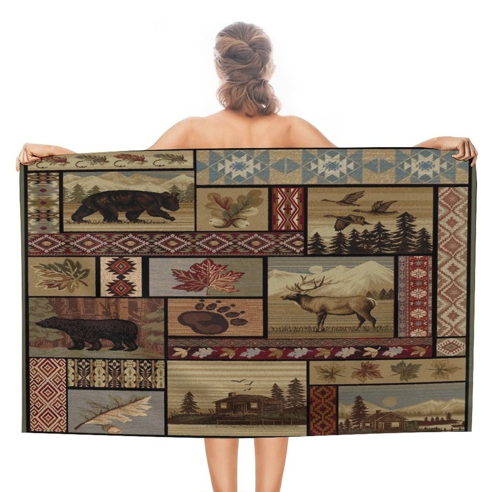 Kazynee Vintage Deer Bear Farmhouse Beach Towel,Retro Cabin Lake Country Lodge Moose Microfiber Beach Towel, Extra Large Adult Beach Towel.
