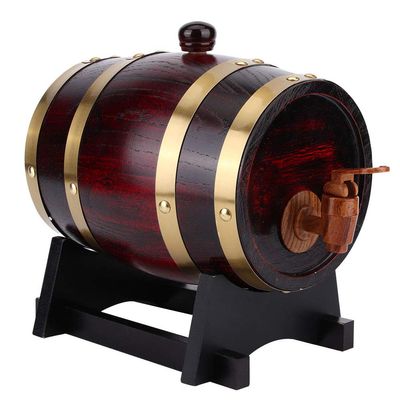 1.5L Whiskey Barrel Dispenser Large Capacity Oak Wood Aging Barrels Retro Red Wine Barrel Bucket Keg Storage Container with Bracket Faucet,for Wine Brandy Whiskey Tequila(9.4x6.3x9.1inch)