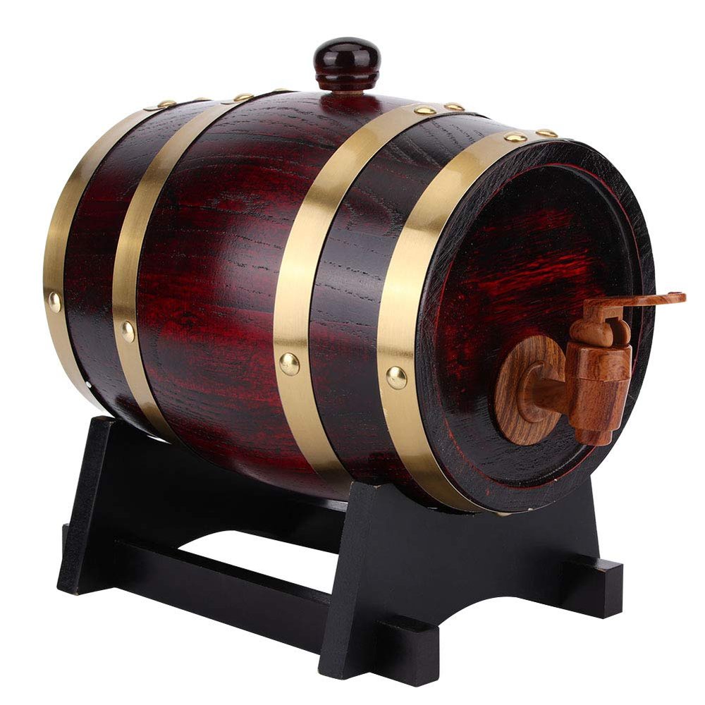 1.5L Whiskey Barrel Dispenser Large Capacity Oak Wood Aging Barrels Retro Red Wine Barrel Bucket Keg Storage Container with Bracket Faucet,for Wine Brandy Whiskey Tequila(9.4x6.3x9.1inch)