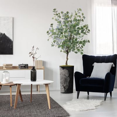 Artificial Tree in Black White Wood Tree Rings Pattern Planter, Fake Eucalyptus Silk Tree for Indoor and Outdoor Home Decoration - 66" Overall Tall (Plant Pot Plus Tree)