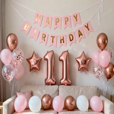 11th Birthday Party Balloons Decorations for Girls, 11th Birthday Banner Rose Gold Number 11 Birthday Foil Balloons Confetti Balloons for Girls Her Daughter 11 Year Old Birthday Supplies (11th)