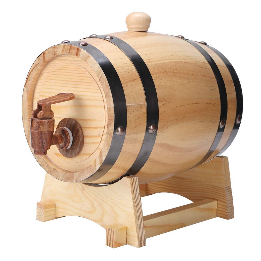 1.5L Whiskey Barrel Dispenser Large Capacity Pine Wood Aging Barrels Retro Red Wine Barrel Bucket Keg Storage Container with Bracket Faucet,for Wine Brandy Whiskey Tequila(9.4x6.3x9.1in )(1.5L)