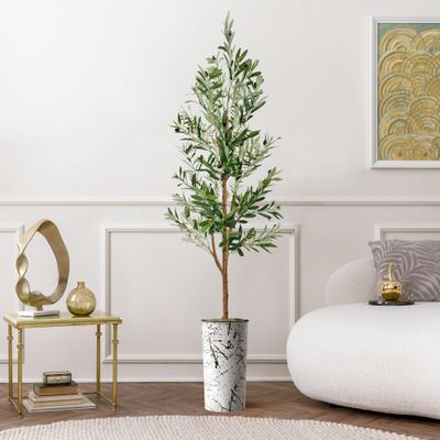 Artificial Tree in Abstract Ink Planter, Fake Olive Silk Tree for Indoor and Outdoor Home Decoration - 68" Overall Tall (Plant Pot Plus Tree)
