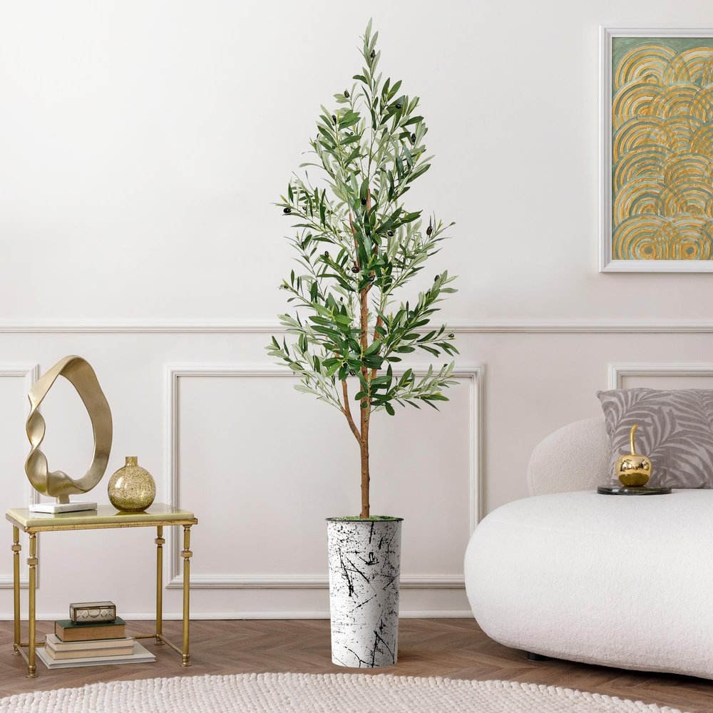 Artificial Tree in Abstract Ink Planter, Fake Olive Silk Tree for Indoor and Outdoor Home Decoration - 68" Overall Tall (Plant Pot Plus Tree)