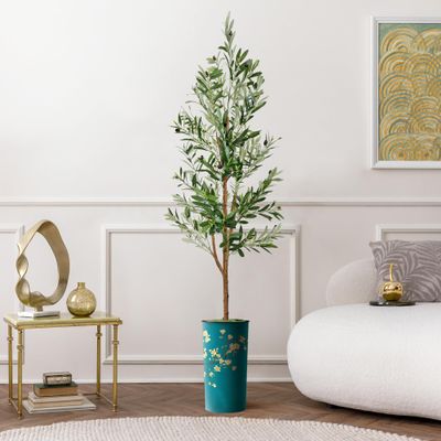 Artificial Tree in Almond Blossom Tree Pattern Planter, Fake Olive Silk Tree for Indoor and Outdoor Home Decoration - 68" Overall Tall (Plant Pot Plus Tree)