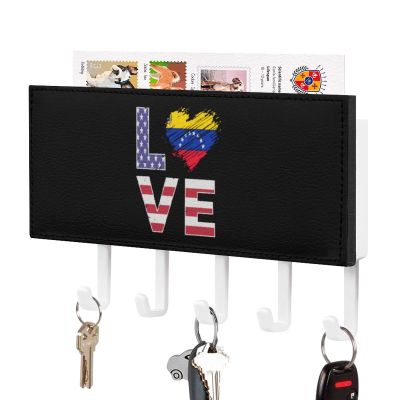 USA Venezuela Flag Heart Key Holder for Wall Decor with 5 Hooks PU Wall Mounted Keys Hanger Organizer