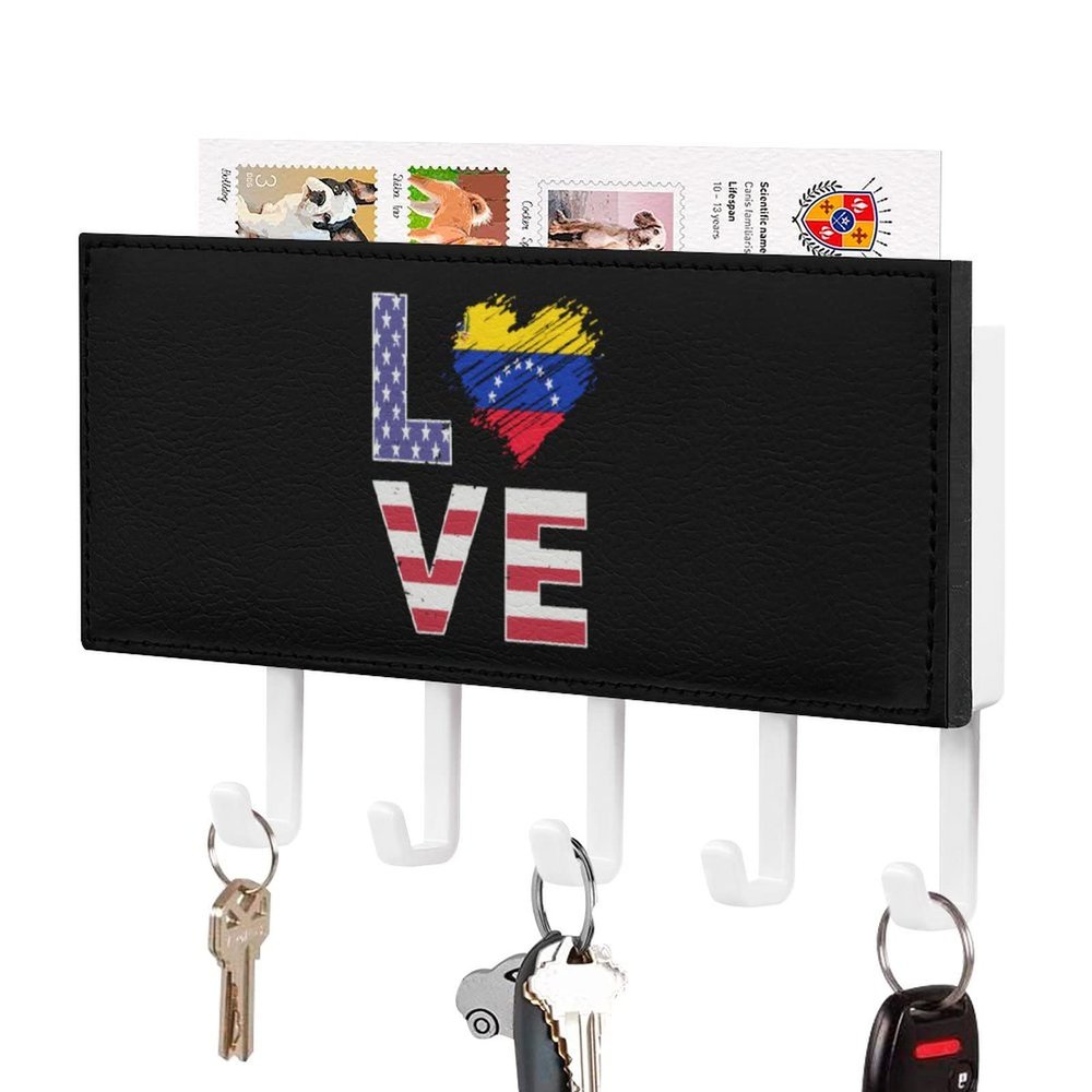 USA Venezuela Flag Heart Key Holder for Wall Decor with 5 Hooks PU Wall Mounted Keys Hanger Organizer