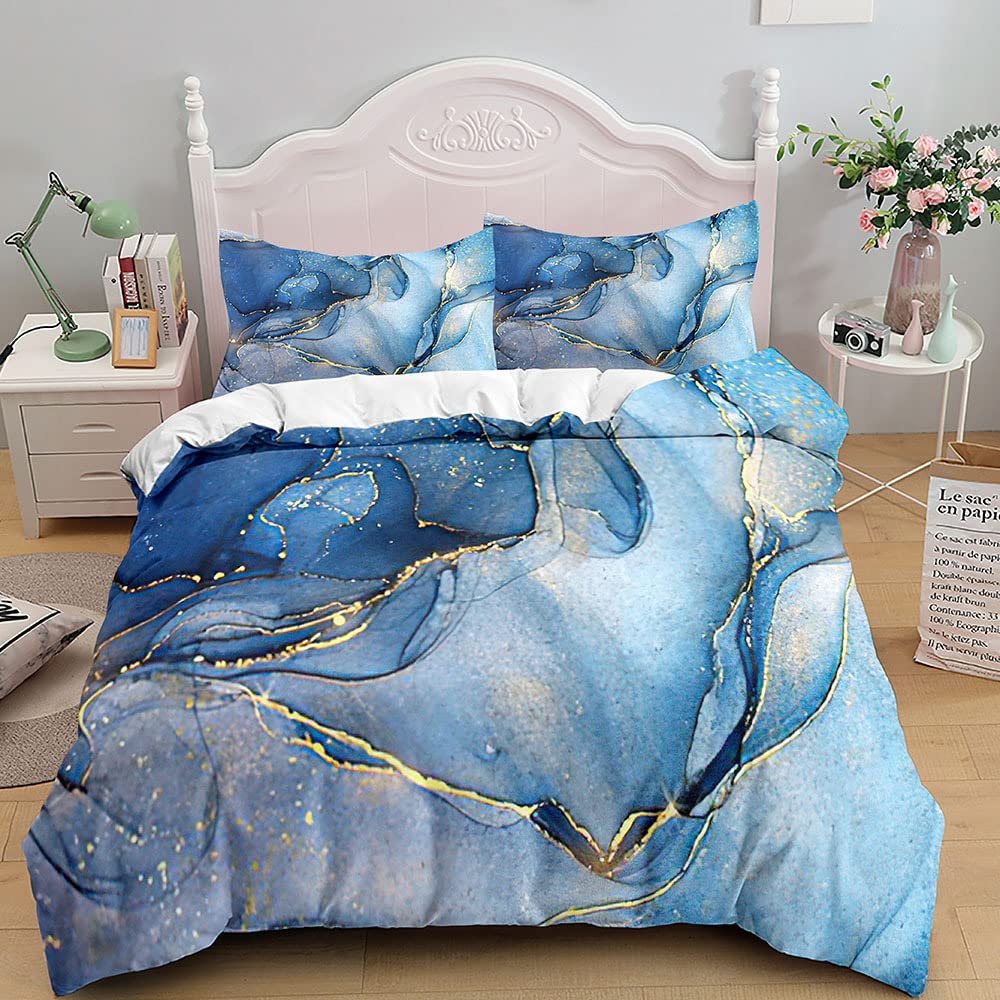 Albideyaa Light Blue Marble Duvet Cover Bedding Set Queen Size Abstract Art Gold Glitter Marbling Comforter Cover Set Home Decoration Kids Adult Quilt Cover Set with 2Pillowcase