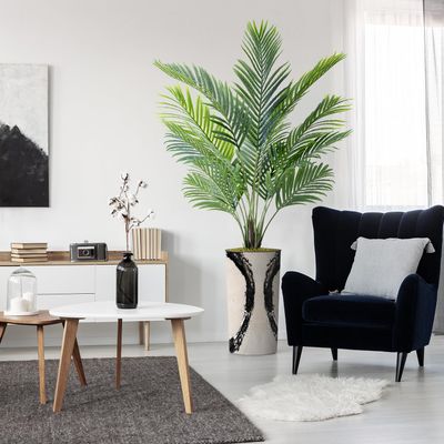 Artificial Tree in Black White Wood Tree Rings Pattern Planter, Fake Areca Tropical Palm Silk Tree for Indoor and Outdoor Home Decoration - 66" Overall Tall (Plant Pot Plus Tree)