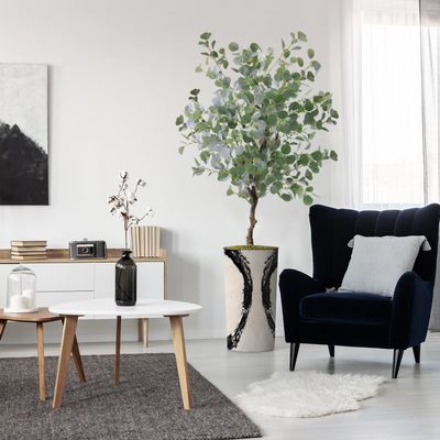 Artificial Tree in Black White Wood Tree Rings Pattern Planter, Fake Eucalyptus Silk Tree for Indoor and Outdoor Home Decoration - 66" Overall Tall (Plant Pot Plus Tree)