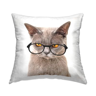 Stupell Industries Fun Cat Yellow Eyes Glasses Design by Karen Smith Throw Pillow, 18 x 18, Tan