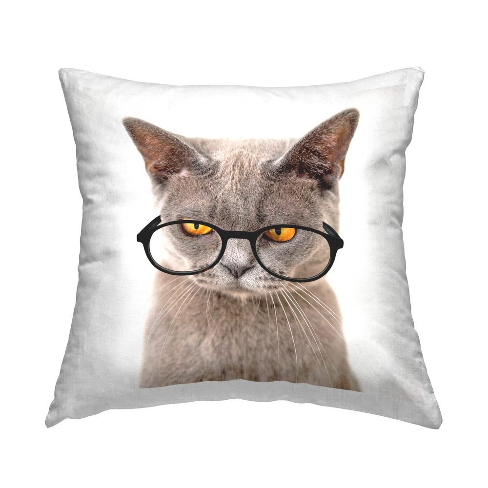 Stupell Industries Fun Cat Yellow Eyes Glasses Design by Karen Smith Throw Pillow, 18 x 18, Tan