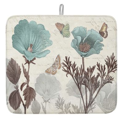 Blue Spring Floral Dish Drying Mat for Kitchen Counter, Summer Botanical Flowers Vintage Baby Bottle Microfiber Drying Pad, Absorbent Coffee Cup Dishes Drainer Mats 18"x24"